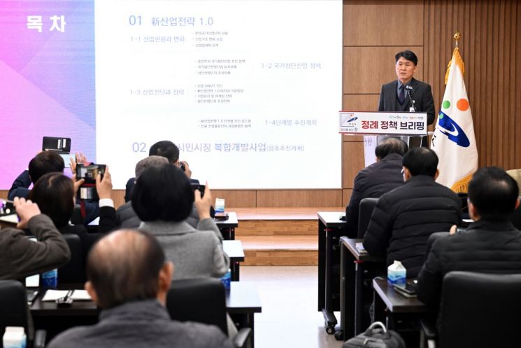도원중 안산시 기획경제실장이 11일 시청 제1회의실에서 개최한 언론브리핑에서 '신산업전략 1.0' 구상을 설명하고 있다. 안산시 제공