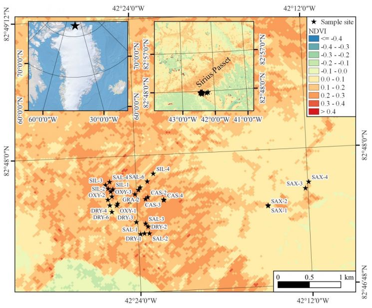북그린란드 Sirius Passet 위치 및 식생 지도(NDVI map). 극지연구소 제공