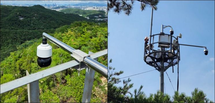 관악산 장군봉과 모자봉에 설치된 CCTV(통신중계기). 관악구 제공.