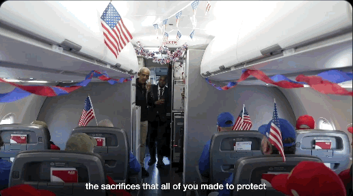 Former President Barack Obama grabbed the in-flight broadcast handset and said, "Hello everyone," to more than 80 veterans and their families, prompting gasps and applause from all around. Barack Obama X