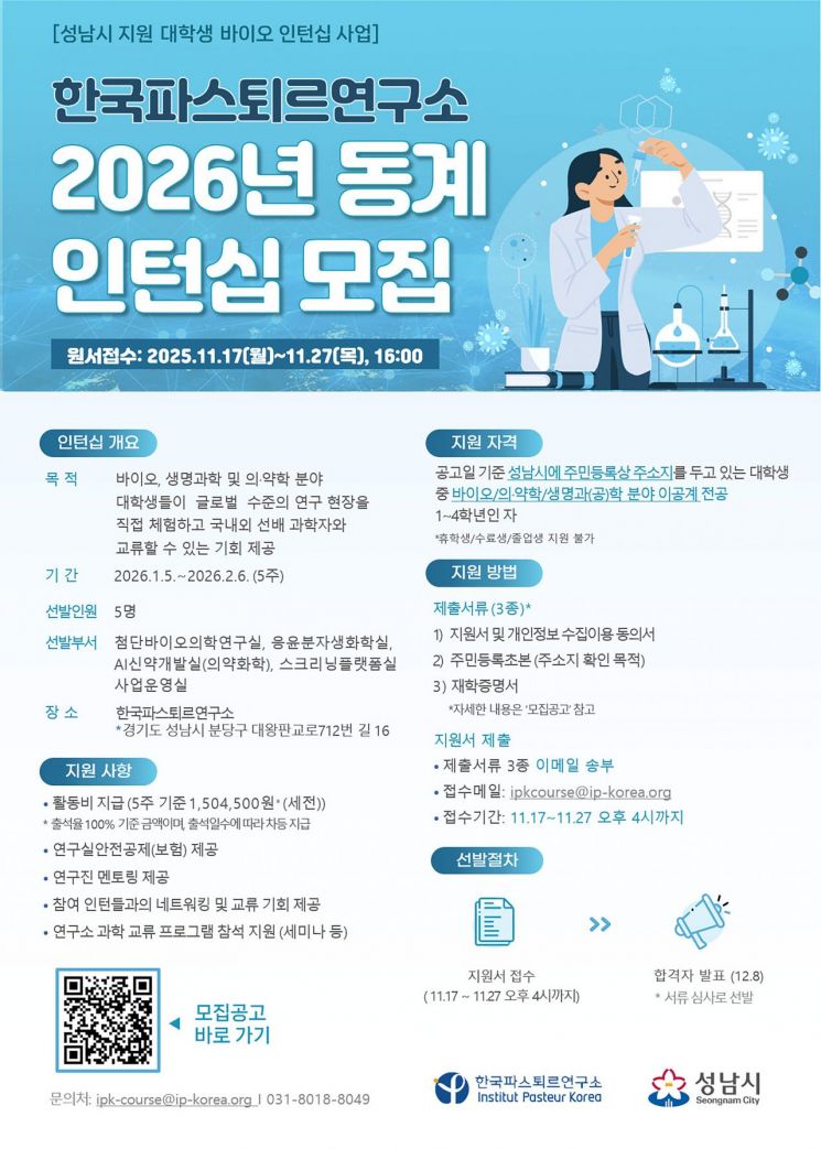 성남시, 내년 한국파스퇴르연구소 동계 대학생 인턴십 참가자 모집