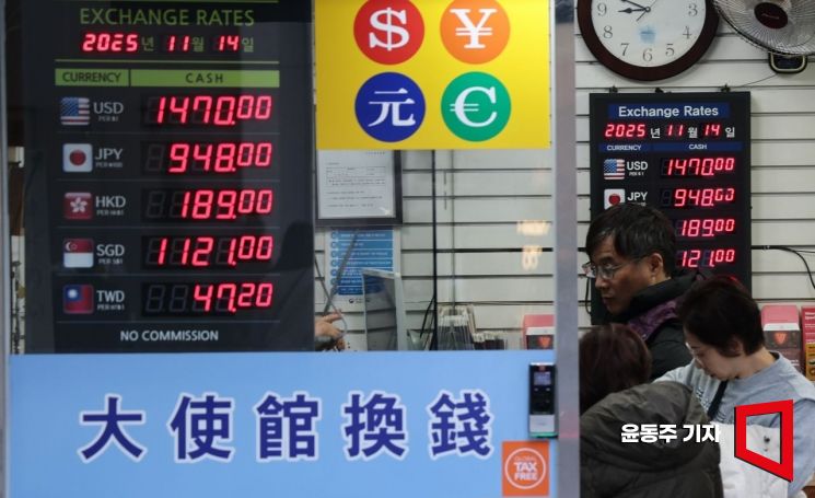외환 시장에서 원·달러 환율이 1470원대에서 등락을 거듭하고 있는 14일 서울 중구의 한 사설환전소에 환율이 표시되고 있다. 2025.11.14 윤동주 기자