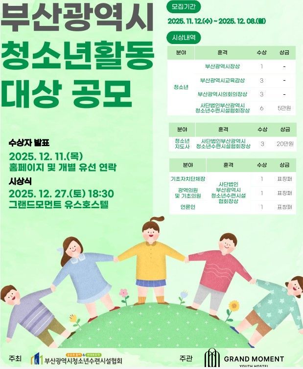 부산 청소년 활동·정책 힘쓴 분 찾습니다… '청소년활동대상' 후보 공모