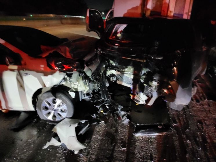 14일 오후 6시12분쯤 경기 고양시 덕양구 성사동 서울문산고속도로 고양TG 인근 문산 방면 인근에서 탱크로리와 승용차 등 8중 추돌 사고가 발생했다. 경기도북부소방재난본부 제공