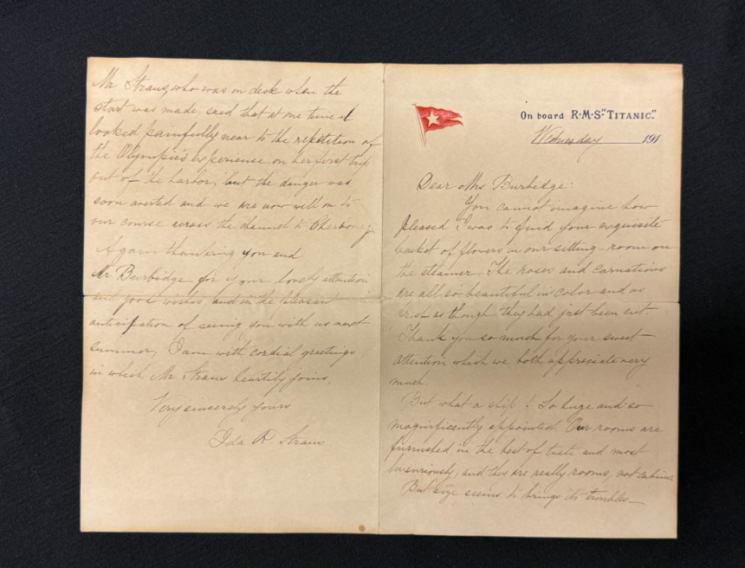 1912년 4월 10일 타이타닉호가 사우스샘프턴을 출발한 직후 아이다 스트라우스가 친구에게 발송한 편지. 경매업체 '헨리 알드리지 앤드 손' 홈페이지 캡처