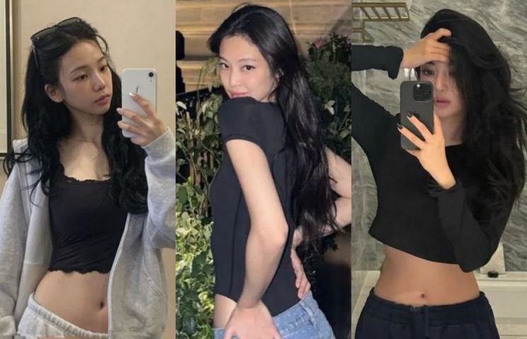 스킴스 제품을 착용한 에스파 카리나와 블랙핑크 제니, 에스파 닝닝 모습(왼쪽부터 순서대로). 인스타그램 캡처