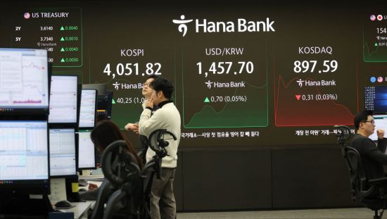 코스피가 1% 이상 상승 출발하며 4100선 탈환을 앞두고 있는 가운데 17일 서울 중구 하나은행 딜링룸 현황판에 코스피, 원/달러 환율, 코스닥지수 등이 표시돼 있다. 이날 코스피는 전장보다 67.00p(1.67%) 오른 4,078.571로 장을 시작했다. 2025. 11.17 조용준 기자