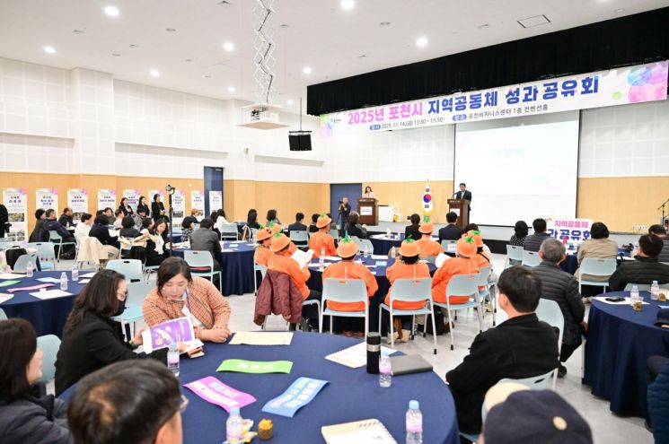 백영현 포천시장이 지난 14일 포천비즈니스센터 컨벤션홀에서 '2025년 포천시 지역공동체 성과공유회'에 참석해 인사말을 하고 있다. 포천시 제공