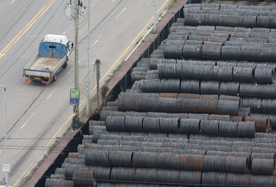 Steel products are piled up at Pyeongtaek Port in Pyeongtaek City, Gyeonggi Province. Yonhap News