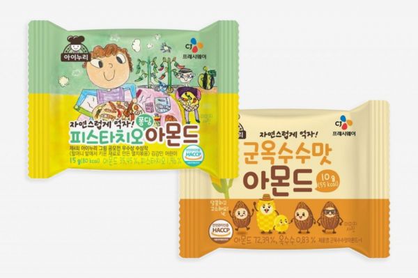 CJ프레시웨이 아이누리 견과류 신상품 2종. 아이누리 견과류는 어린이집, 유치원 등 영유아 대상 B2B 급식 채널에서 간식·후식으로 활용되는 동시에 온라인 판매도 병행한다. CJ프레시웨이