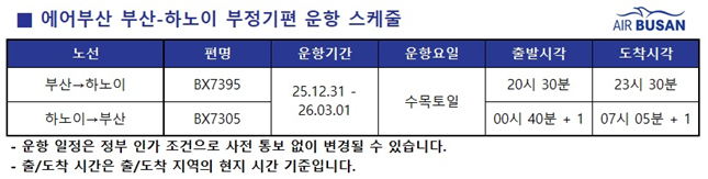 에어부산 부산-하노이 운항 스케쥴.