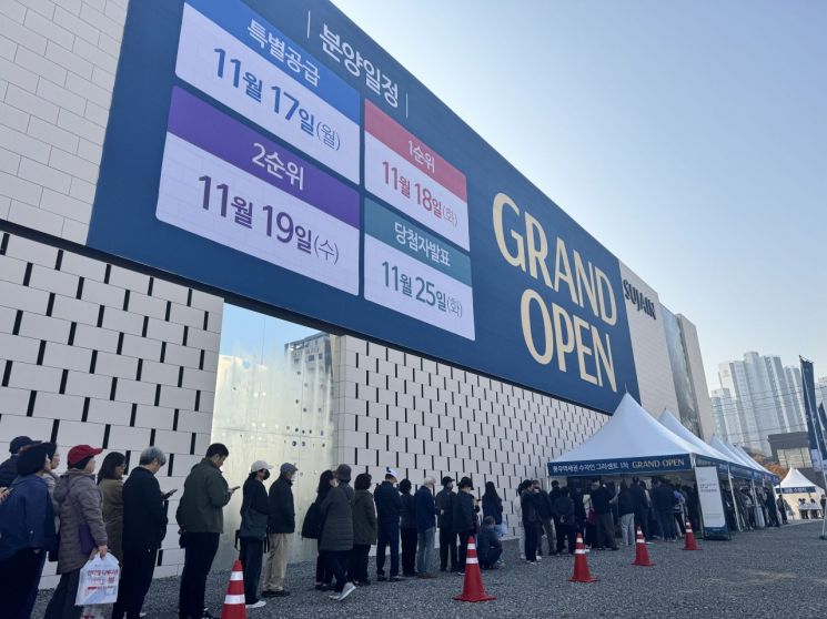 지난 7일 경기 김포시 풍무역 도보 2분 거리에 개관한 '풍무역세권 수자인 그라센트 1차' 견본주택 앞. 문 열기 전부터 대기 행렬이 이어졌다. BS한양