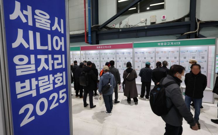 시니어 일자리 박람회에서 채용공고 게시대를 살펴보는 시니어 구직자들의 모습. 연합뉴스