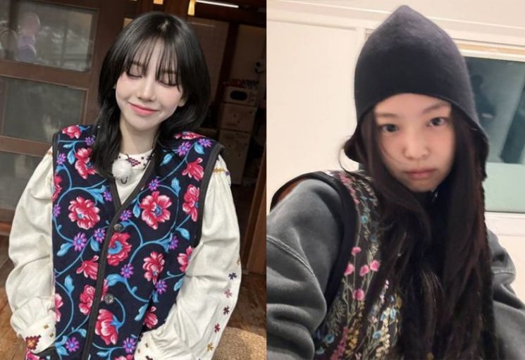 김장조끼를 입은 에스파 카리나(왼쪽)와 블랙핑크 제니 모습. 인스타그램 캡처