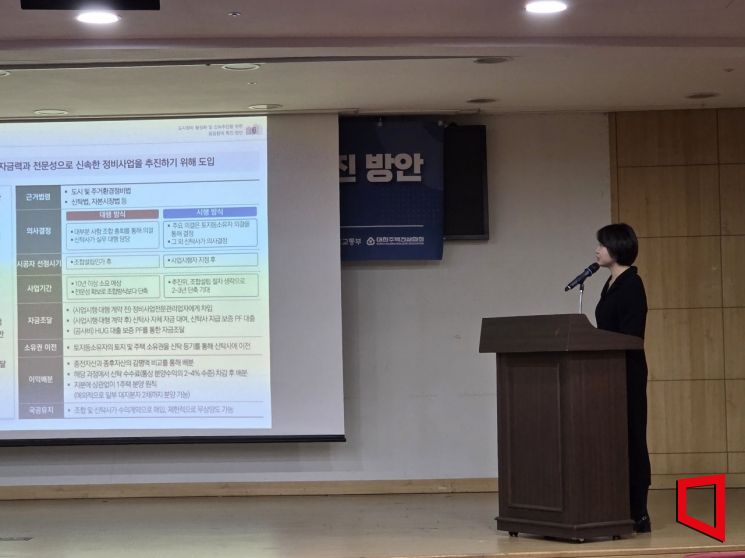 이지현 주택산업연구원 도시정비실장이 19일 열린 '도시 정비 활성화 및 공공 참여 촉진 방안' 세미나에서 발표를 하고 있다. 이정윤 기자