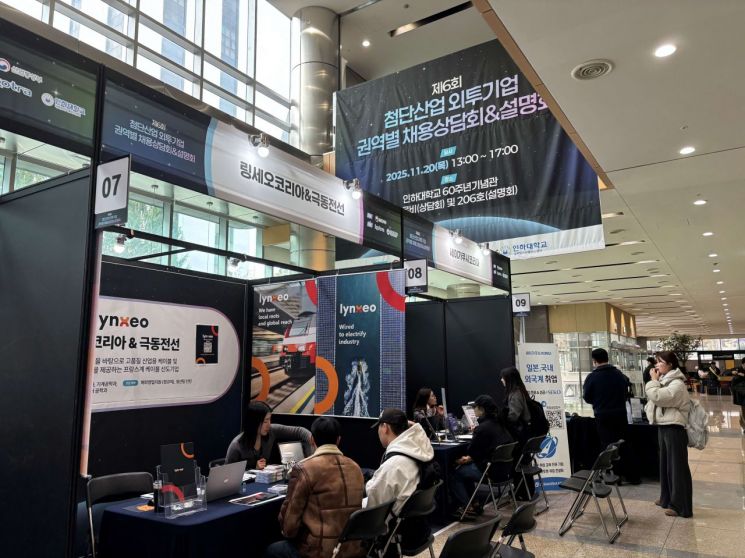 산업부와 코트라, 인하대학교 대학일자리플러스센터는 20일 인하대학교에서 ‘첨단산업 외투기업 권역별 채용 상담·설명회’를 개최했다. 인하대학교 60주년기념관에 마련된 기업별 채용 부스의 모습. 코트라