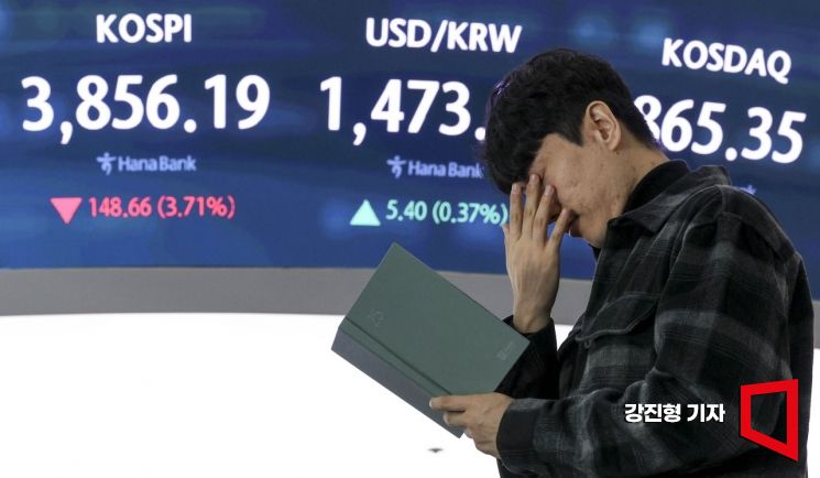 코스피 지수가 장 직후 4% 넘게 하락하며 하루 만에 4000선이 무너진 21일 서울 중구 하나은행 딜링룸 전광판에 국내 주가지수가 표시돼 있다. 이날 원달러 환율은 4.5원 오른 1472.4원에 개장했다. 강진형 기자