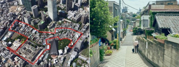 일본 도쿄 '아자부다이 힐스' 개발 전 부지(왼쪽) 및 도시 경관. 모리빌딩