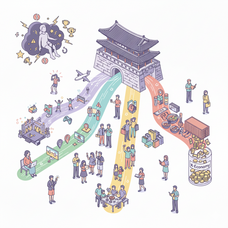 K-컬처는 콘텐츠 소비에서 관광, 소비재 구매, 제조업·수출로 이어지는 연쇄적 흐름을 만들어낸다. 일러스트는 문화의 확산이 직접 수출뿐 아니라 간접적인 경제 활동까지 불러오는 구조를 집약적으로 표현했다. 사진 제미나이.