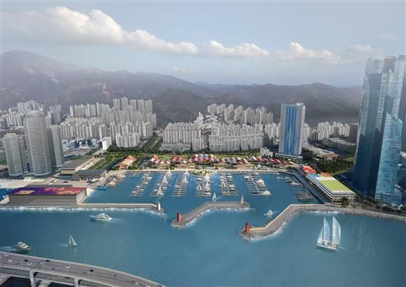 水营湾游艇竞赛场重建鸟瞰图。