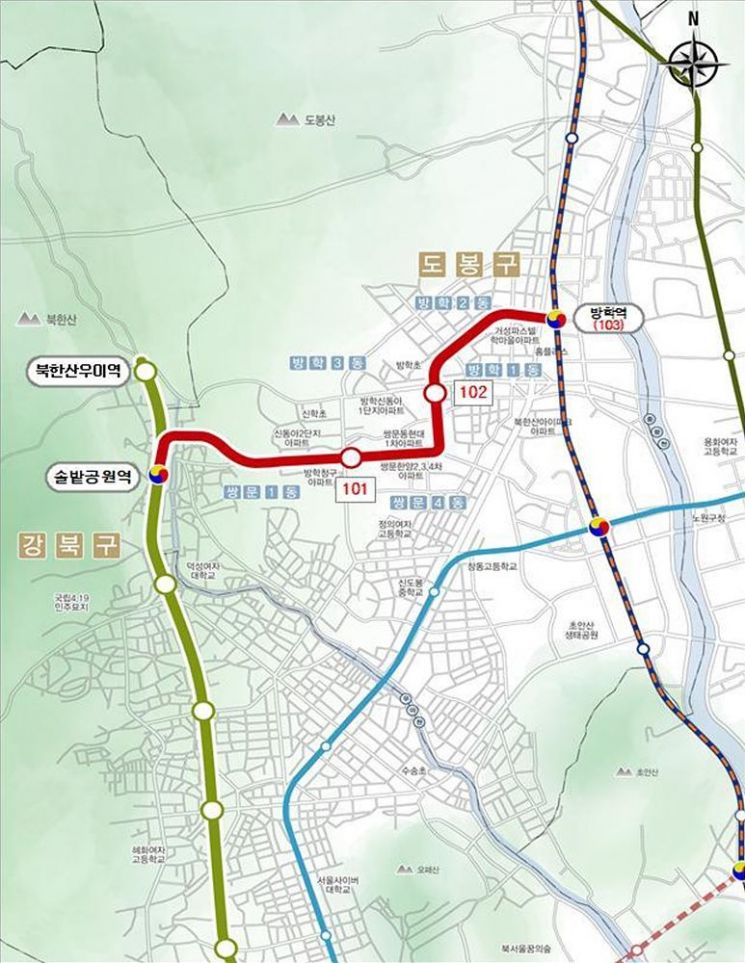 우이방학경전철 연장선 노선도. 도봉구 제공.