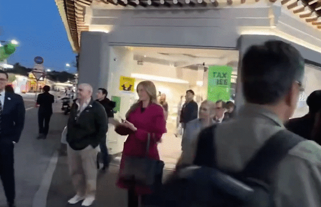 캐롤라인 레빗 백악관 대변인이 10월 29일 인스타그램에 올린 한국 화장품 구매 인증 사진.(왼쪽), 캐롤라인 레빗 백악관 대변인이 10월 29일 저녁 경주 황리단길 올리브영 매장 앞에서 보수 성향 단체의 행진을 지켜보고 있다. /인스타그램, 유튜브