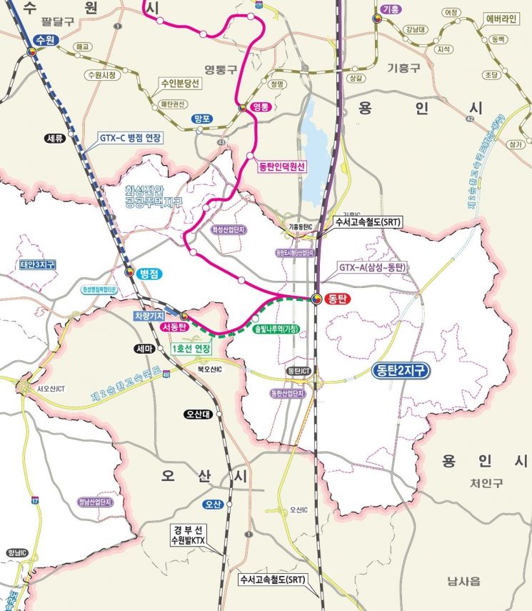 전철 1호선 서동탄~동탄 연장선 내 '솔빛나루역(가칭)' 위치도. 화성시 제공