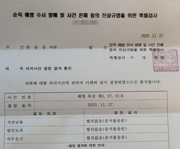 한동훈 전 국민의힘 대표가 공개한 해병특검의 무혐의 결정 통보서.