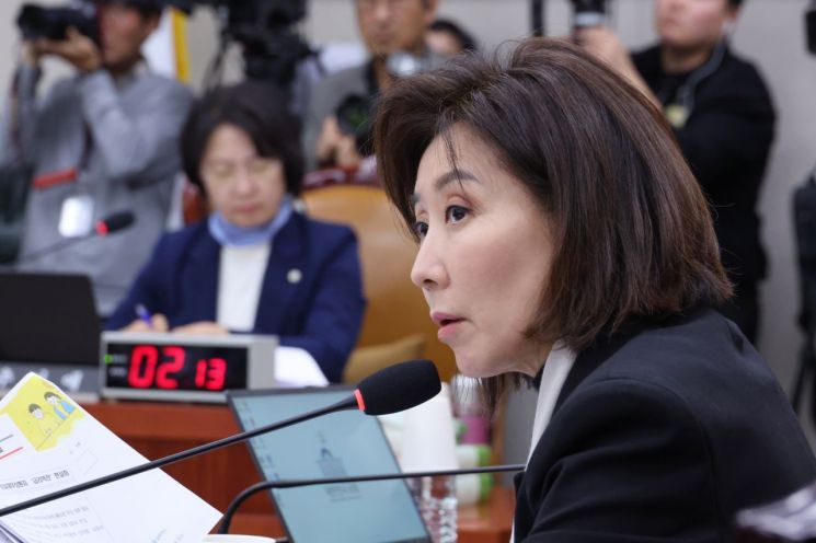 지난달 26일 서울 여의도 국회에서 열린 법제사법위원회 전체회의에서 나경원 의원이 이억원 금융위원장에게 질의를 하고 있다. 연합뉴스