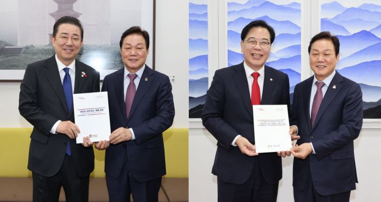 더불어민주당 김병기 원내대표(왼쪽 사진 왼쪽)와 국민의힘 송언석 원내대표와 만난 박완수 경남도지사. 경남도 제공