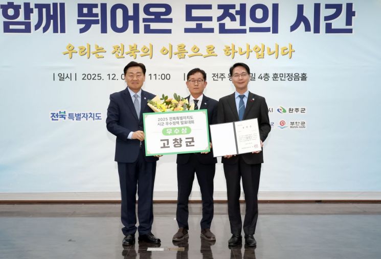 고창군이 전북특별자치도가 주관한 '시·군 우수정책 발표대회'에서 롯데웰푸드 상생프로젝트로 우수상을 받았다. 고창군 제공