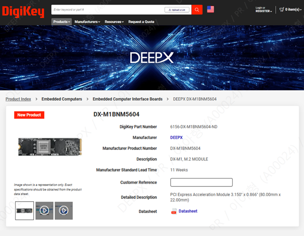 인공지능(AI) 반도체 기업 딥엑스가 글로벌 최대 규모의 전자부품 유통·솔루션 기업 디지키(DigiKey)를 통해 AI 가속기 제품군을 전 세계 시장에 공급한다. 딥엑스