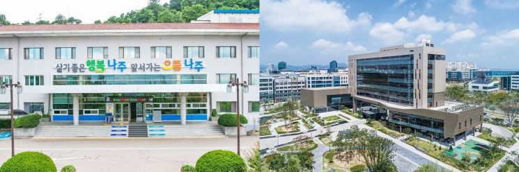 나주시가 혁신도시 이전공공기관인 한국인터넷진흥원과의 협업으로 중소기업 정보보호 관련 예산 23억 원 증액을 이끌어냈다. 사진은 나주시청 전경(왼쪽)과 한국인터넷진흥원 전경(오른쪽). 전남도 제공