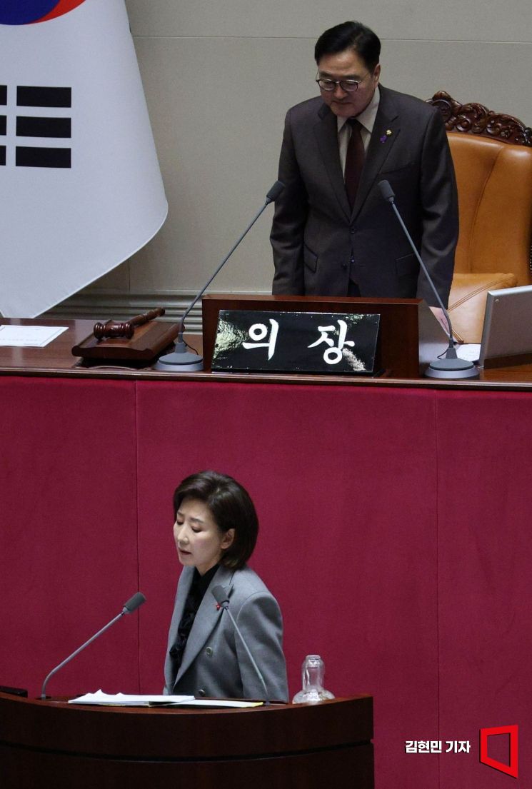 우원식 국회의장이 9일 국회에서 열린 본회의에서 가맹사업법 개정안에 대한 무제한 토론에 나선 나경원 국민의힘 의원이 법안과 관련 없는 발언을 하자 지적하고 있다. 2025.12.9 김현민 기자