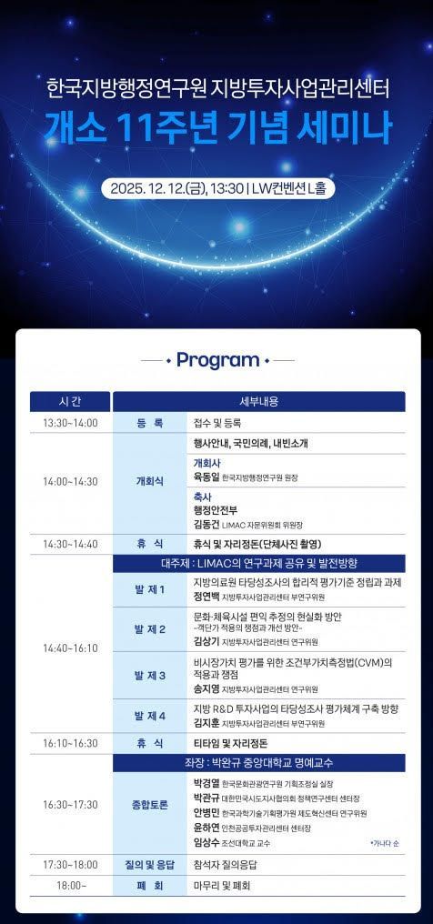 지방투자사업관리센터(LIMAC)의 개소 11주년 기념 세미나 개최 포스터. 한국지방행정연구원 제공