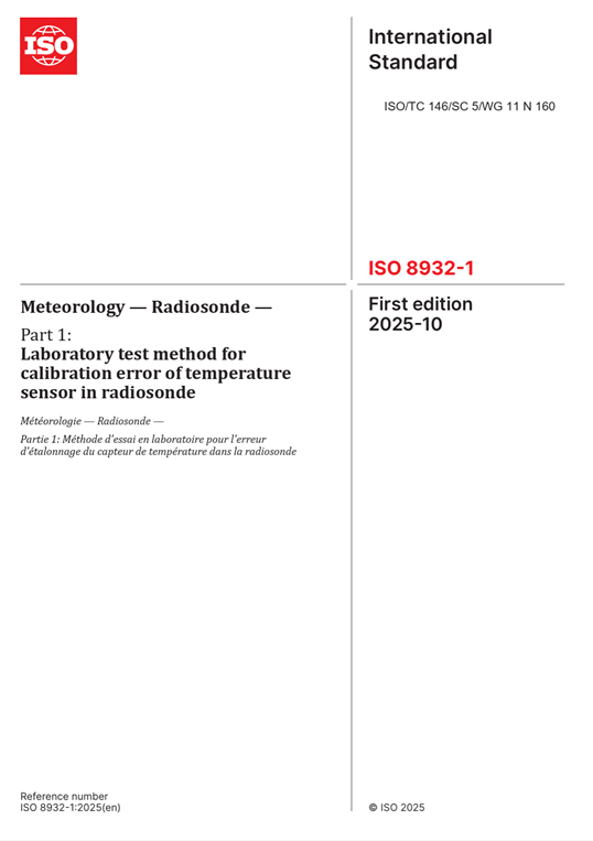 신규 국제표준안 ISO 8932-1(라디오존데 온도 센서 교정 시험법)의 표지. 표준연 제공