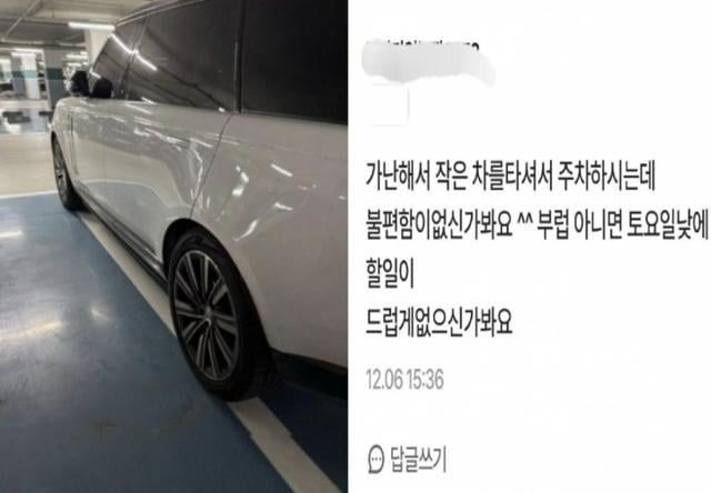 "가난해서 작은 차, 부러워요"…'비매너 주차' 지적했더니 돌아온 조롱