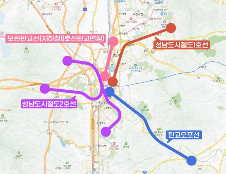 경기도 도시철도망 구축계획에 반영된 성남시 4개 도시철도 노선. 성남시 제공