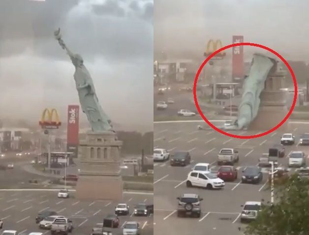시속 90㎞ '괴물 강풍'에 고꾸라진 '자유의 여신상' 복제품…인명 피해 無