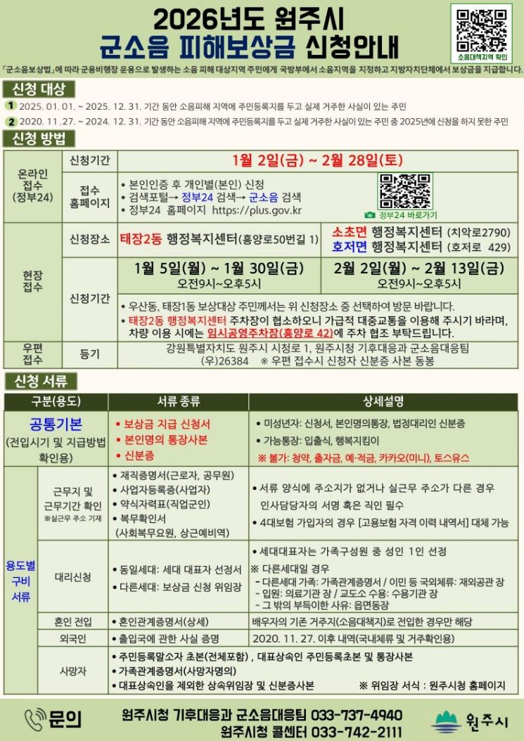 원주시, 내년 군소음 피해보상금 신청 접수