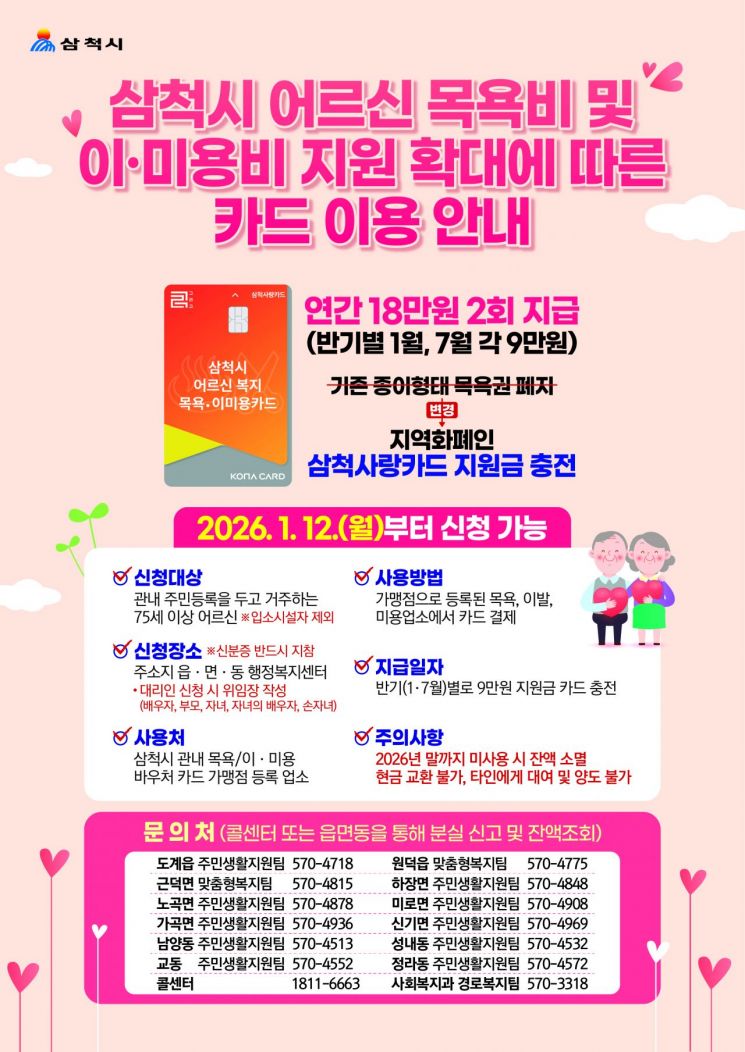 삼척시, 어르신 목욕비 지원 확대…이미용비까지 연 18만원 지원