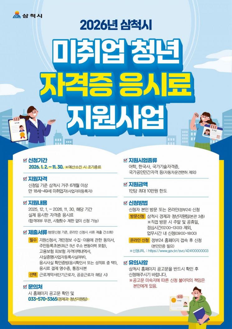 삼척시, 미취업 청년 자격증 응시료 지원…취업역량 강화 나선다