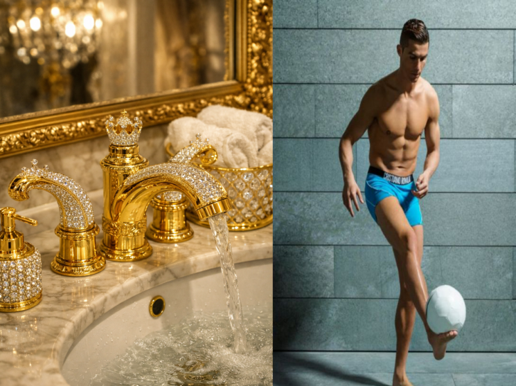 순금 수도꼭지(좌), 호날두가 SNS에 공개한 신체 사진. 설명을 바탕으로 생성한 챗GPT 이미지,  Cristiano Ronaldo 인스타그램.
