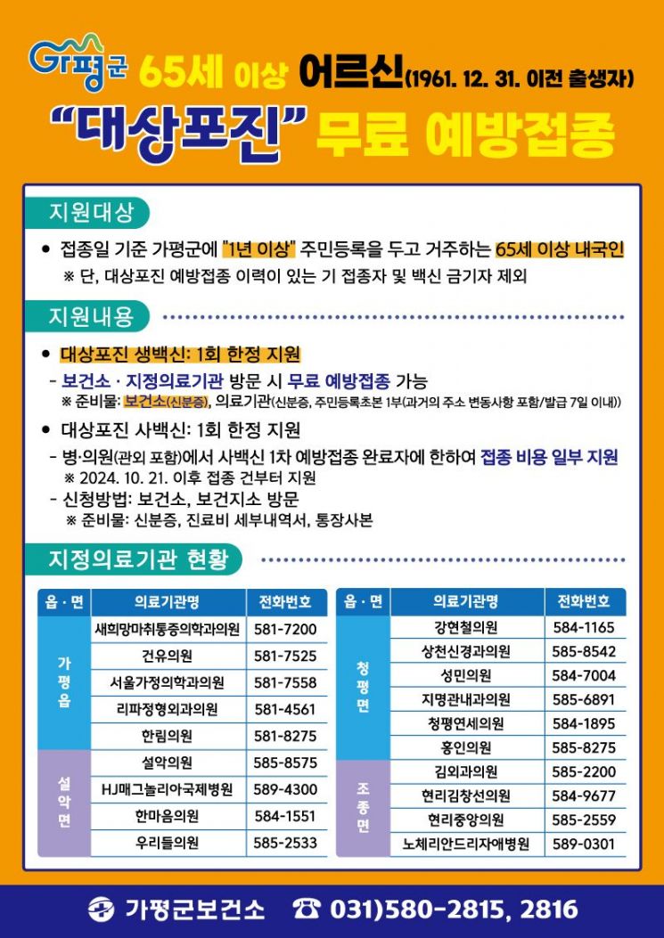 가평군, 65세 이상 어르신 대상포진 무료 접종