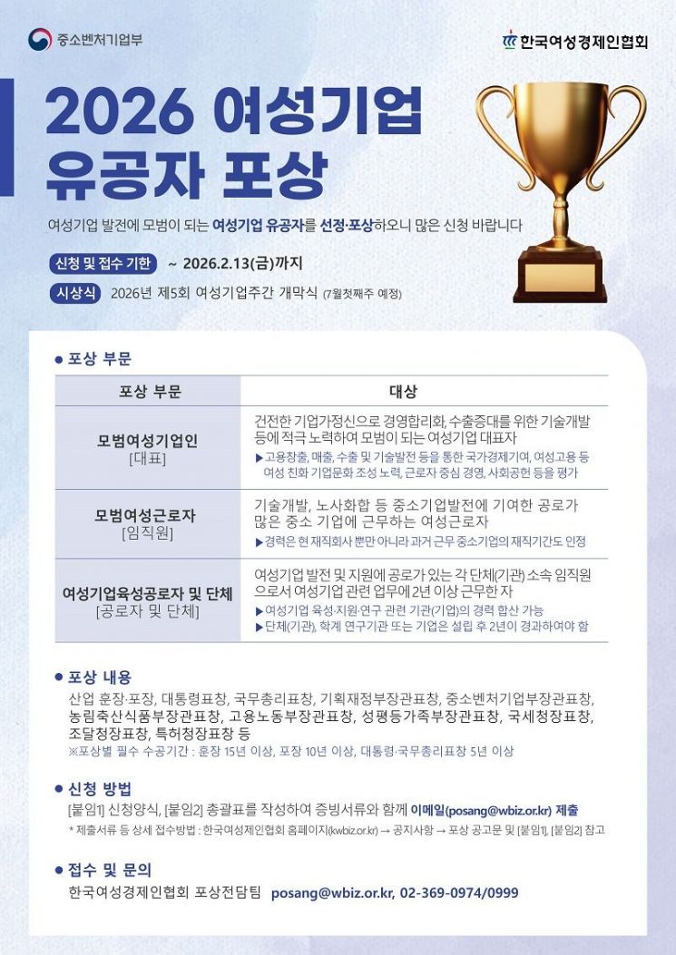여경협, '2026 여성기업 유공자 포상' 신청 접수
