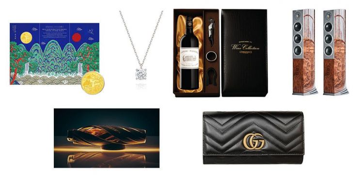 CU에서 판매하는 프리미엄 상품. (왼쪽부터) 삼성금거래소 일월오봉도 순금코인 0.1g, 미니골드 1캐럿 다이아 목걸이, 샤또마고 2015, 오디오벡터 네트워크 오디오 패키지, 맥캘란 호라이즌, 구찌 장지갑. BGF리테일 제공