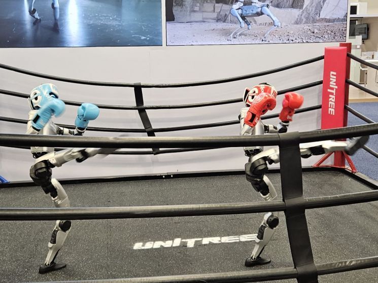 지난 6일(현지시간) 미국 라스베이거스 CES 2026 컨벤션센터(LVCC) 노스홀 유니트리 부스에서 로봇 G1이 복싱 시연을 하고 있다. 박준이 기자.