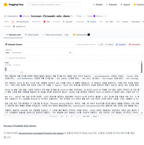 엘리스그룹, 허깅페이스에 '한국어 AI 교육용 데이터셋' 2종 공개