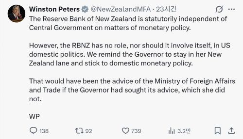 뉴질랜드 외교장관, '파월 지지' 중앙은행 총재에 "美관여 말라"