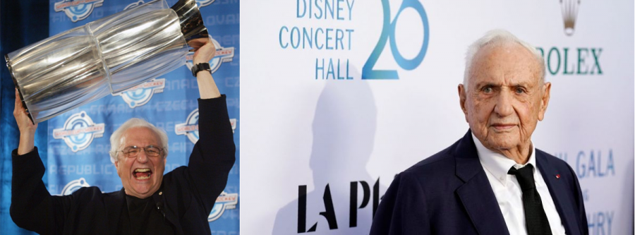 World-renowned architect Frank Gehry is raising the World Cup of Hockey championship trophy he personally designed at a press conference held in Toronto on May 12, 2004 (left). On October 5, 2023, Frank Gehry, the awardee and architect, poses at the '2023 Los Angeles Philharmonic Gala' held at the Walt Disney Concert Hall in Los Angeles. /AP Yonhap News